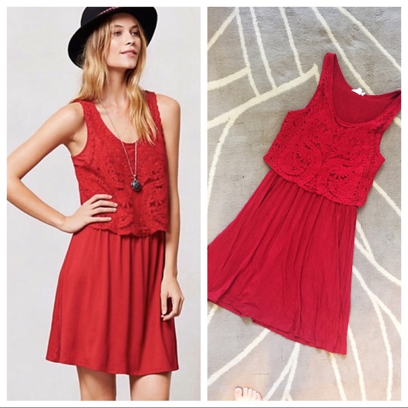 anthropologie red lace dress